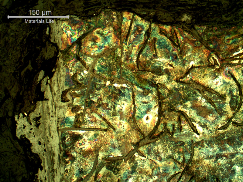 Micrographic detail of the cast cylinder section at the fracture position (top of the figure), close to the internal surface (left side).  It is possible to see a thick oxide layer at the internal surface, characteristic of 10 years operating with treated water, and the large graphite flakes interconnecting.