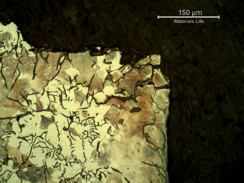 Micrographic detail of the cast cylinder section at the fracture position (top of the figure), close to the external surface (left side), showing smaller and interdendritic flakes in a ferritic-perlitic matrix, but several cracks following the free carbides very close to the surface.