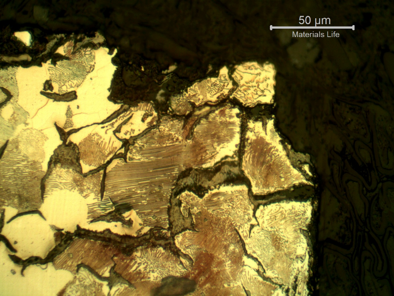 Micrographic detail of the interdendritic flakes in a ferritic-perlitic matrix, with secondary cracks following the free carbides (very close to the surface).