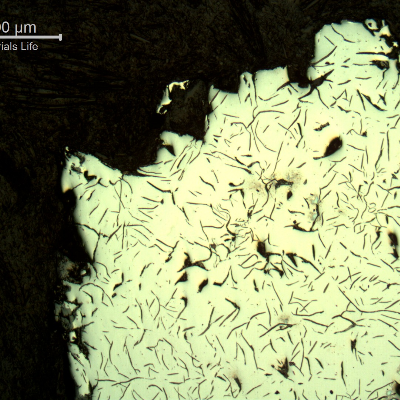 Micrographic aspect, as polished, of the cast cylinder section at the fracture position (top of the figure), close to the internal surface (left side).  It is possible to see large graphite flakes.