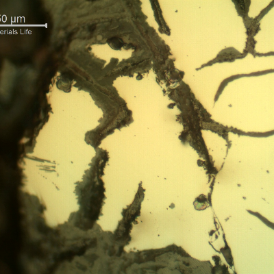 Micrographic detail of the corroded surface of the cast cylinder, with interconnected graphites and a notch effect.