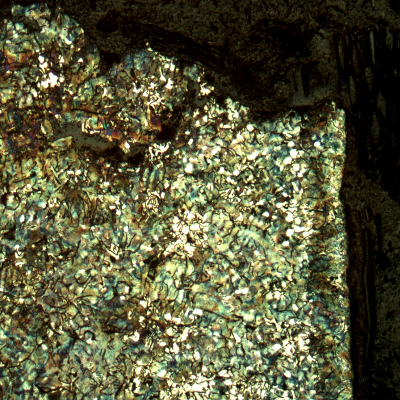 Micrographic aspect of the cast cylinder section at the fracture position (top of the figure), close to the external surface (left side).  It is possible to see a change in the graphite morphology and matrix.