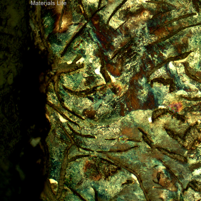 Micrography of the longitudinal section of the cylinder, at the internal diameter, in contact with the treated cooling water, presenting large graphite flakes in a predominatly perlitic matrix. It is important to mention that the flakes are almost interconnecting themelves.