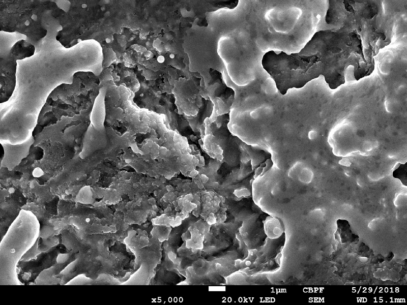 Detailed aspect of the plate surface a little far from the region of bullet impact, by scanning electron microscopy, showing bullet melted islands on the surface.  The EDS analysis showed Pb-Sb peaks.