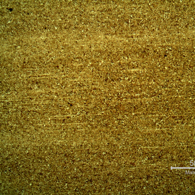 Micrography of the plate in a section, showing a martensitic structure in the middle of the thickness.