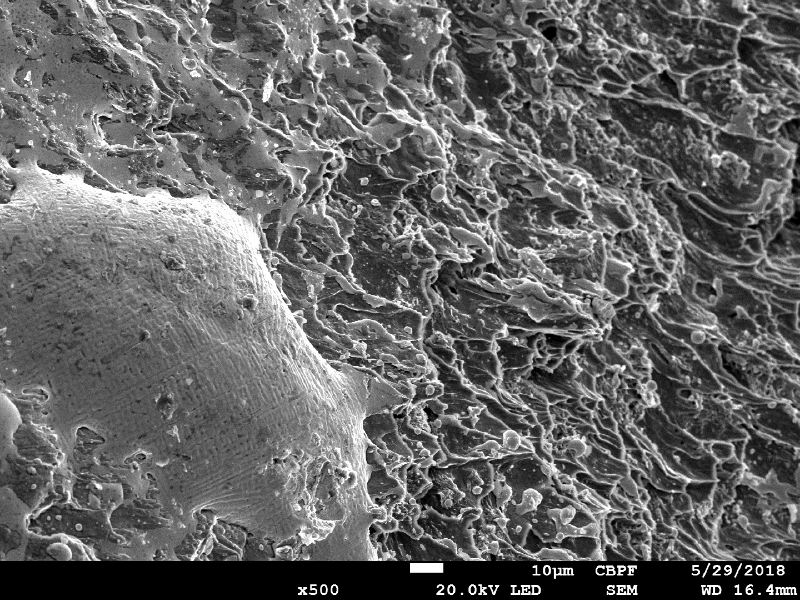 Detail of the margin of the perforated hole in the side where the projectil stroke the plate. Ductile dimples of the plate (right side of the figure) and a film of melted Pb-Sb from the bullet.