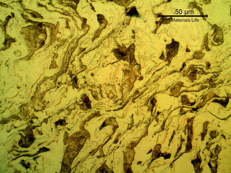 Micrographic detail of the strong plastic deformation of the ferritic-pearlitic microstructure near the hole.