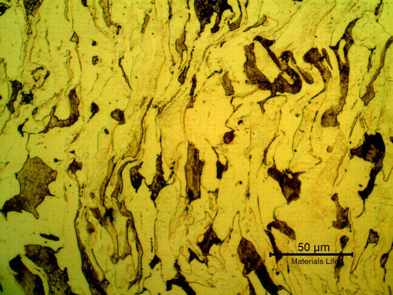 Micrographic detail of the strong plastic deformation of the ferritic-pearlitic microstructure near the hole.