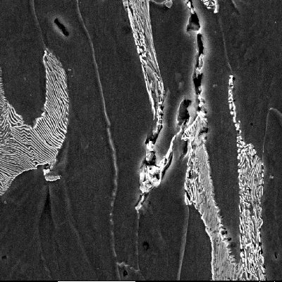 Micrographic detail of the ferritic-pearlitic structure close to the region where the projectile penetrate the plate. There are internal voids that are characteristic of a ductile microvoid formation.