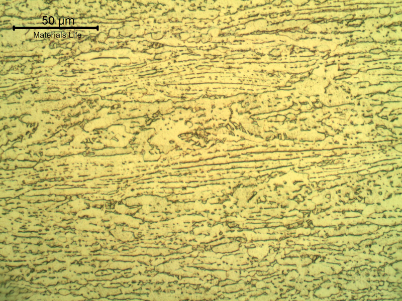 Micrographic detail of the plate, showing the aligned beta (dark phase) in alpha microstructure. Etched with HF+ HNO3+H2O solution.