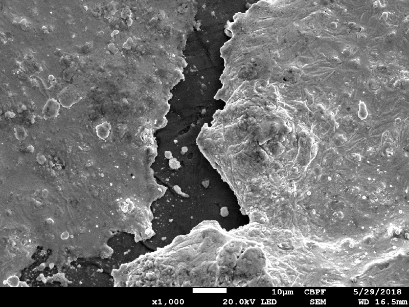 Detailed aspect of the surface of the plate at the projectile impact position.
