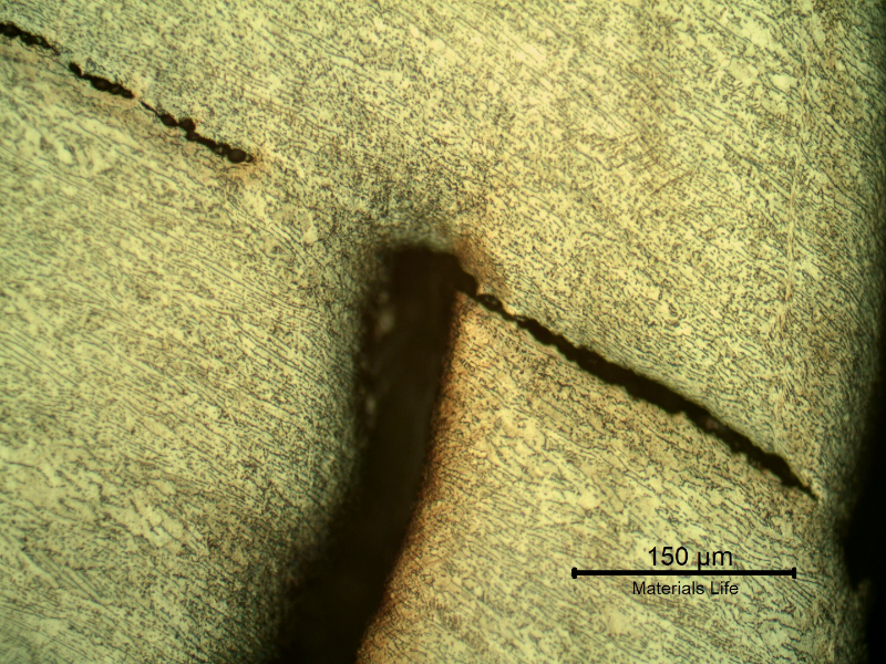 Micrographic detail of the damaged plate (the side of the bullet impact is to the top of the figure). The projectile, in the right side, sheared the plate but did not perforate it and created  longitudinal ductile secondary cracks in the middle of the thickness.  HF+HNO3+H2O chemical etch.