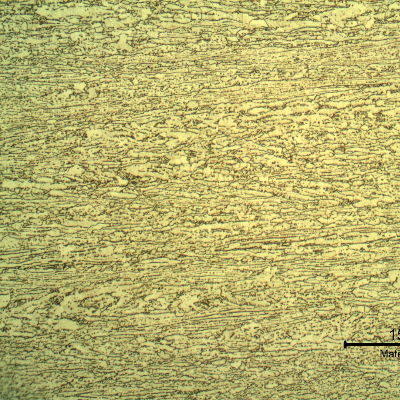 Micrography showing the alpha plus beta microstructure in the middle of the thickness. The sample was mechanically-electrolitically polished and etched with HF (10%) + HNO3 (5%) +H2O (85%) solution.