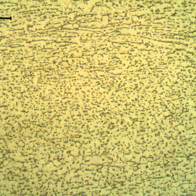 Micrographic detail of the plate, showing the alpha (light grains as a matrix) plus beta (dark phase) microstructure. Etched with HF (10%) + HNO3 (5%) +H2O (85%) solution.