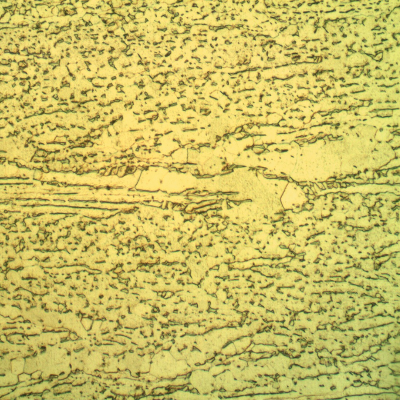 Micrographic detail of the plate, showing the aligned beta phase (dark) in the alpha grains (light) microstructure. Etched with HF (10%) + HNO3 (5%) +H2O (85%) solution.