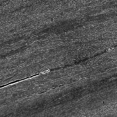 Micrographic detail by scanning electron microscopy of the longitudinal ductile secondary cracks.  HF+HNO3+H2O chemical etch.