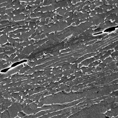Micrographic detail by scanning electron microscopy of the very localized plastic deformation between inclusions in the material creating longitudinal ductile secondary cracks. HF+HNO3+H2O chemical etch.