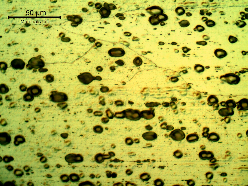 Micrographic detail of the plate in the middle of the thickness. At this magnification it is possible to see the grain boundaries and the black spots are localized etching in aligned particles.