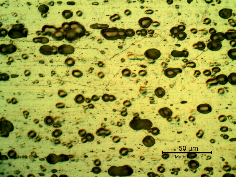Micrographic detail of the plate in the middle of the thickness. At this magnification it is possible to see the grain boundaries and the black spots are localized etching in aligned particles.