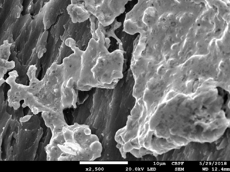 Detail of the perforated hole showing regions of melted material (from the bullet) in the sheared face.