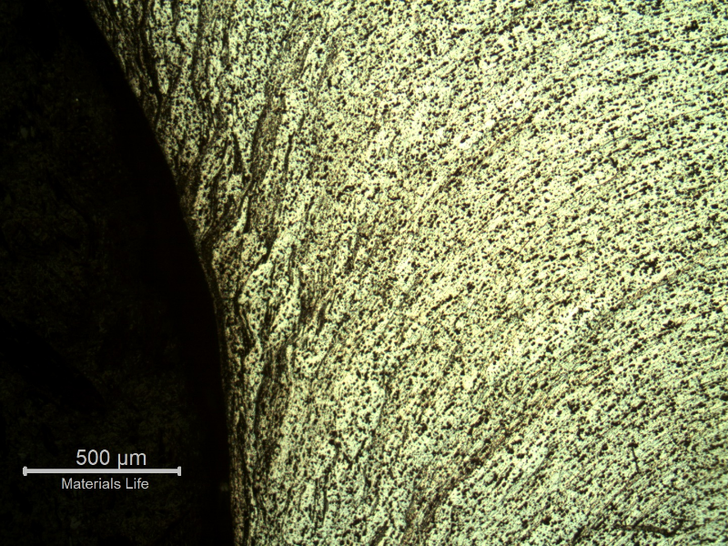 Micrography of the damaged plate close to the perforated hole, in the middle of the thickness, showing the strong plastic deformation of the structure.