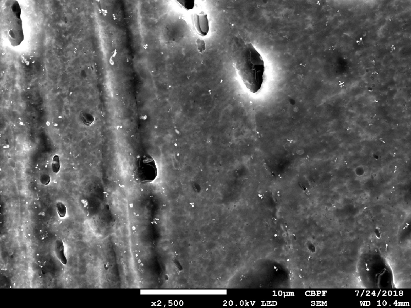 Micrography of the damaged plate close to the perforated hole, in the middle of the thickness, showing the strong plastic deformation of the structure, with the "grains" changing its form and direction to transverse to the thickness.