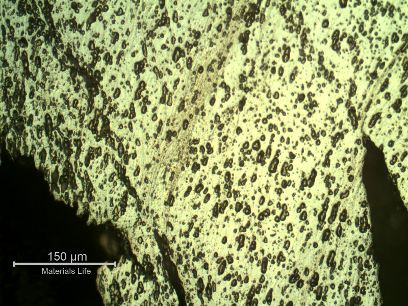 Micrography of the damaged plate close to the perforated hole, in the middle of the thickness, showing the strong plastic deformation of the structure and ductile secondary cracks.