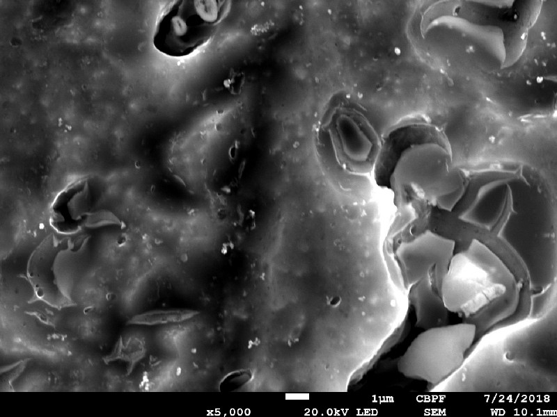 Detail of broken inclusions and microcracks very close to the sheared hole created by the projectile.