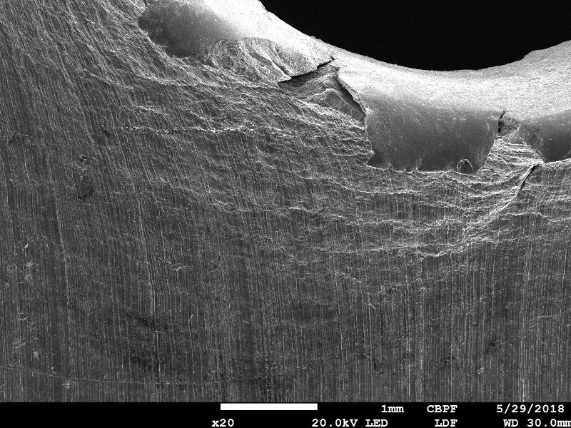 Detail of the margin of the perforated hole in the impact position. It is interesting to observe extreme plastic deformation created by the perforation expulsing the material from the hole, in the direction of the impact.