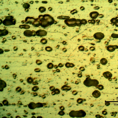 Micrographic detail of the plate in the middle of the thickness. At this magnification it is possible to see the grain boundaries and the black spots are localized etching in aligned particles.