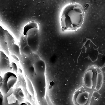 Micrographic detail of one ductile secondary crack.  The inclusions are broken and creating  cracks from them.