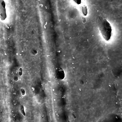 Micrography of the damaged plate close to the perforated hole, in the middle of the thickness, showing the strong plastic deformation of the structure, with the "grains" changing its form and direction to transverse to the thickness.