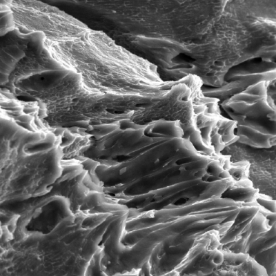 The fracture created by the projectile impact is fully ductile. The material presented a sheared surface with elongated dimples.