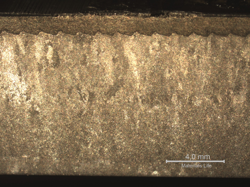 Macrography of a longitudinal section showing the region where the surface layer was detached (top of the figure), creating a lack of sealing condition.