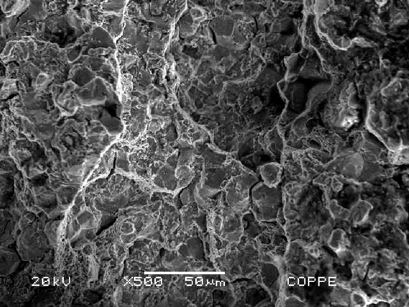 Observing in higher magnification it is possible to see that the fracture presents a mixture of ductile and brittle micromechanisms. The intergranular mechanism indicates that the material is embrittled and the dimples indicate localized overloading conditions.