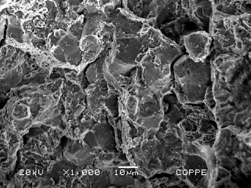 Detail of the ductile dimples and the brittle intergranular micromechanisms. This evidence (a mixture of mechanisms) suggests that the embrittlement is localized in some regions of the material.