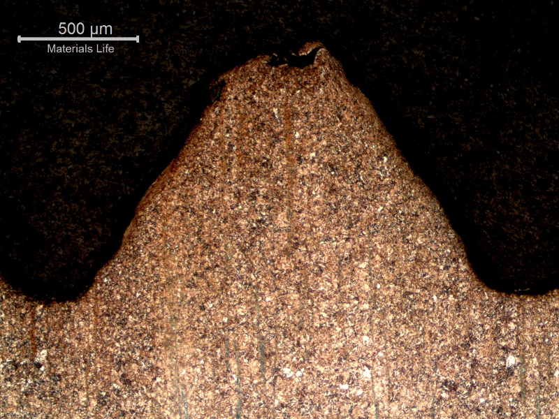 Low magnification micrography of the nut in the longitudinal section, presenting the machined internal thread and a banded microstructure. It is possible to see that the contact pressure in the thread caused a surface plastically deformation.