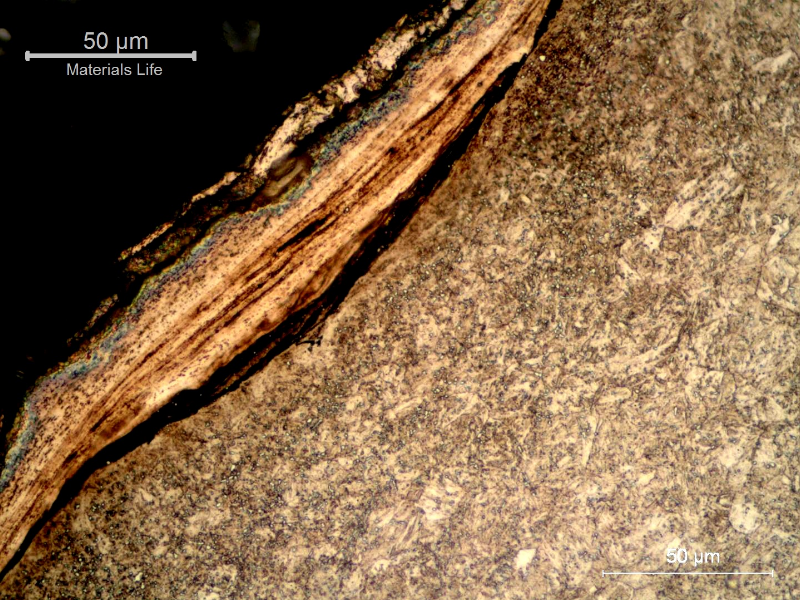 Micrographic detail of the nut in the longitudinal section, presenting cracks associated to the plastic deformation at the thread surface. These cracks were formed due to high local contact stresses.