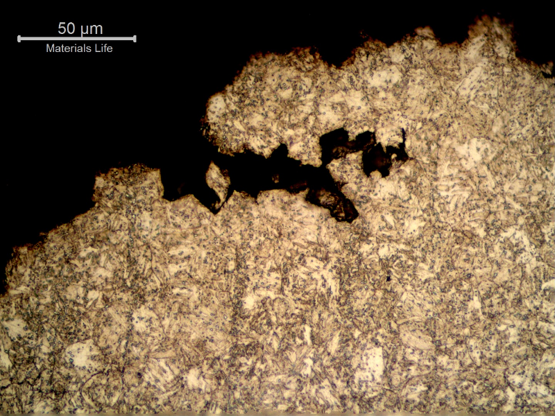 Micrographic detail of the fracture micromechanism showing no relationship with the bands and the intergranular morphology.