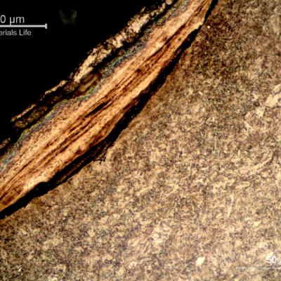 Micrographic detail of the nut in the longitudinal section, presenting cracks associated to the plastic deformation at the thread surface. These cracks were formed due to high local contact stresses.
