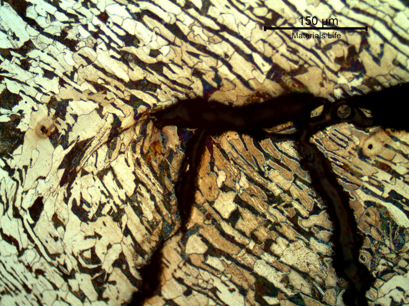 Micrographic detail of the final fracture by overloading after the fatigue crack propagated almost through the wall thickness.  The microstructure presents strong plastic deformation around the crack, in a ferritic pearlitic structure.