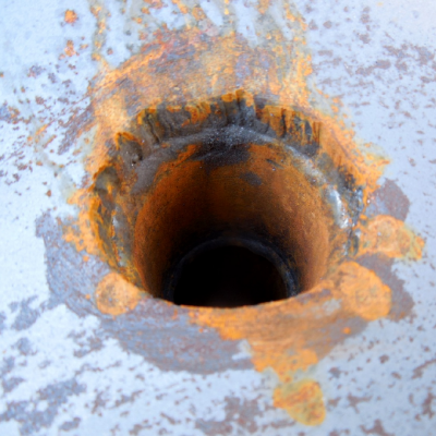 Aspect of the brach line viewed from the internal side of the main pipe, after cuting. It is possible to see that the pipe was perforated by a thermal cutting (looking the finishing aspect of the edge of the hole). The weldolet was welded only from the external side of the pipe.