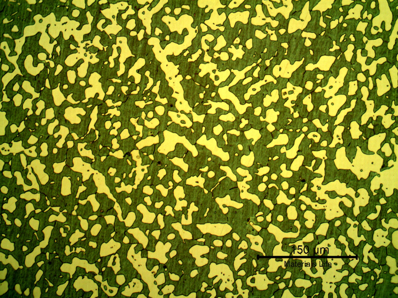 Micrography of a transverse section of the fititng, presenting a coarser structure. The ferrite is blue/red and the austenite is white/yellow.