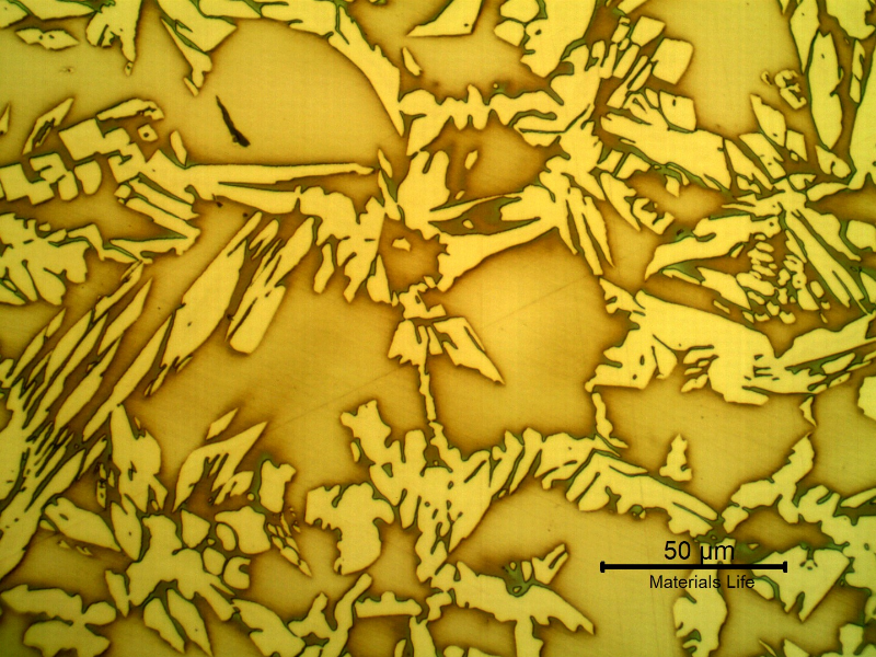 Micrography of the heat affected zone (HAZ) of the pipe.  The amount of ferrite in the HAZ is a little higher than in the pipe base metal.