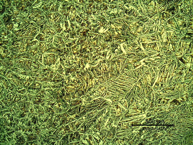 Micrography of the weld metal of the pipe to the fitting. It is possible to see columnar grains and recristalized grains. In the same way, the yellow/white is the austenite and the blue/red is the ferite.