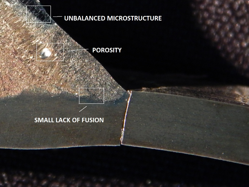 Macrography of a transverse section of the welded joint, at the fatigue crack position in the pipe.  It is very interesting to observe that the crack propagated from the margin of the weld,  independently of the defects in the weld (porosity and lack of fusion), and without relationship with the unbalanced structure at the cap (with a large amount of ferrite).  These characteristics are detailed in the next figures.