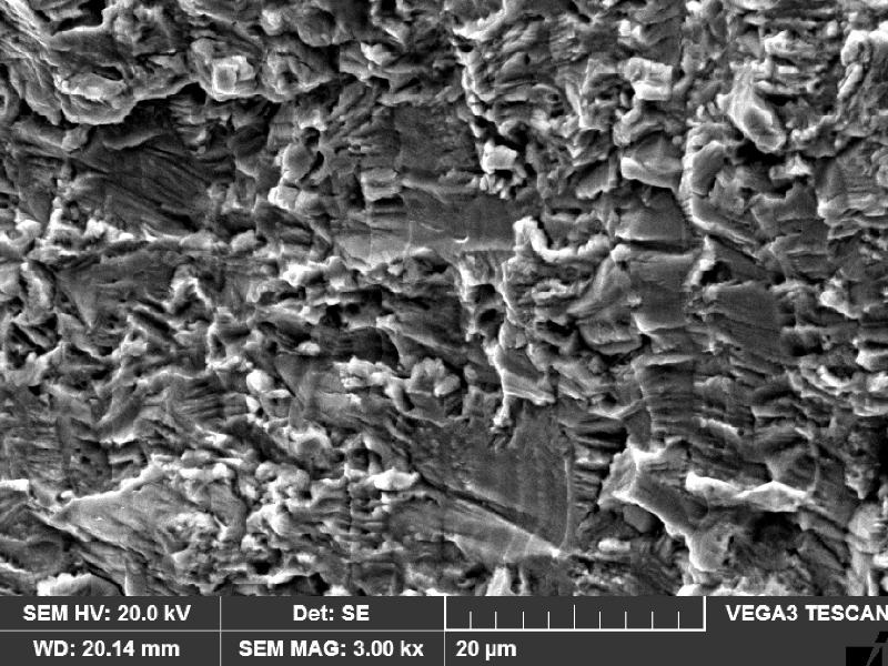 Fracture detail by scanning electron microscopy of the region cloin the center of the thockness.  The fracture is flat and shows fatigue striation.