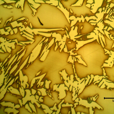 Micrography of the heat affected zone (HAZ) of the pipe.  The amount of ferrite in the HAZ is a little higher than in the pipe base metal.