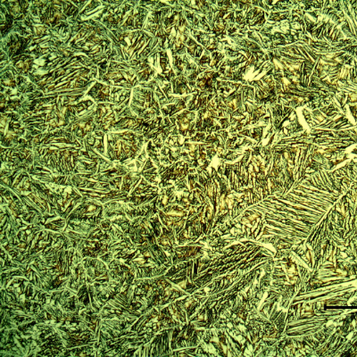 Micrography of the weld metal of the pipe to the fitting. It is possible to see columnar grains and recristalized grains. In the same way, the yellow/white is the austenite and the blue/red is the ferite.