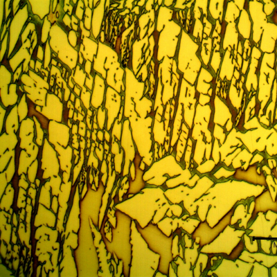 Micrographic detail of the weld metal of the pipe to the fitting. Yellow/white austenite and red/blue ferrite (delta).